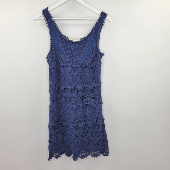 UO Staring At Stars Blue Crochet Boho Dress Tiered - Picture 3 of 6